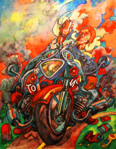 Painting titled "Motorcycle ride" by Christophe Gol, Original Artwork, Ink