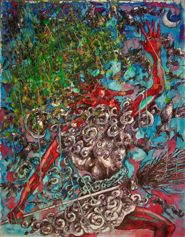 Malerei mit dem Titel "Une sorcière chasse…" von Christophe Gol, Original-Kunstwerk, Acryl