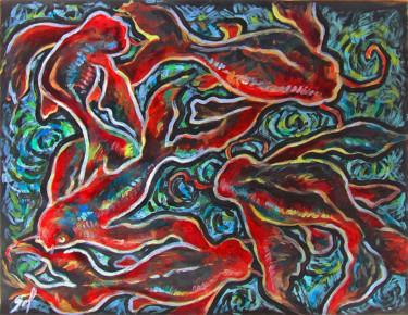 Painting titled "Les poissons rouges" by Christophe Gol, Original Artwork, Acrylic