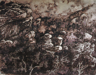 Schilderij getiteld "Les tours de pierre" door Christophe Gol, Origineel Kunstwerk, Inkt