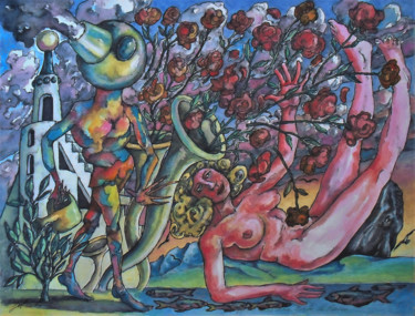 Pintura intitulada "Vénus dans une gerb…" por Christophe Gol, Obras de arte originais, Guache