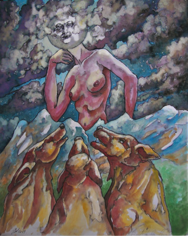 Malerei mit dem Titel "Portrait de la Lune" von Christophe Gol, Original-Kunstwerk, Gouache