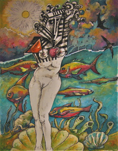 Schilderij getiteld "Vénus sort de l'eau" door Christophe Gol, Origineel Kunstwerk, Gouache