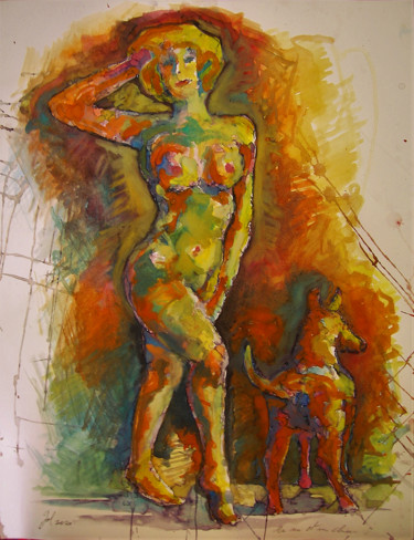 Malerei mit dem Titel "Un nu et un chien" von Christophe Gol, Original-Kunstwerk, Gouache