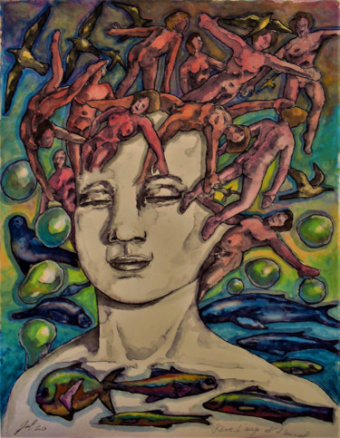 Peinture intitulée "Rêve de nage et d'e…" par Christophe Gol, Œuvre d'art originale, Gouache