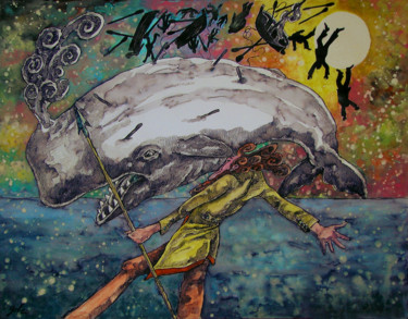 Painting titled "Moby Dick1" by Christophe Gol, Original Artwork, Gouache
