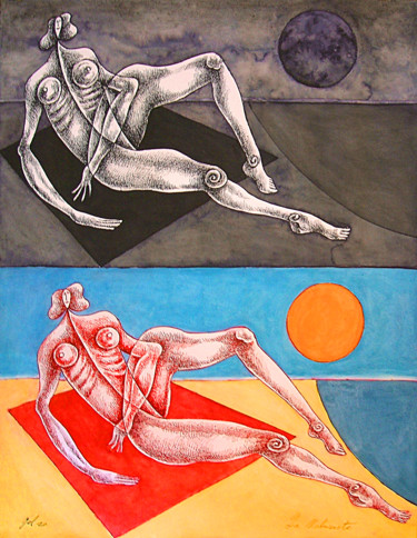Painting titled "La naturiste1" by Christophe Gol, Original Artwork, Ink