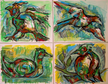 Peinture intitulée "Oiseaux" par Christophe Gol, Œuvre d'art originale, Gouache