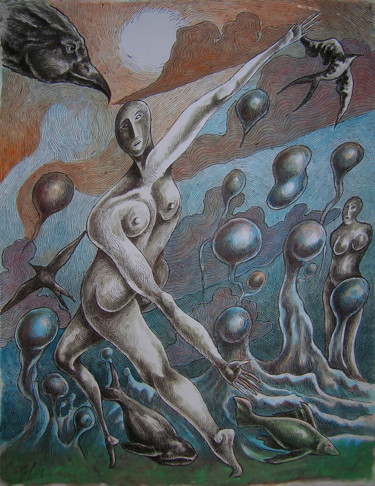 Disegno intitolato ""La terre, l'eau et…" da Christophe Gol, Opera d'arte originale, Gouache