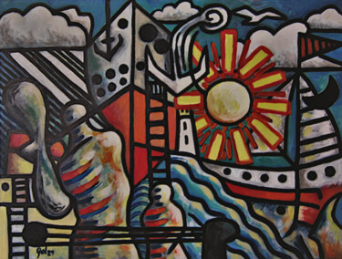 Картина под названием "La mer, des bateaux…" - Christophe Gol, Подлинное произведение искусства, Акрил Установлен на Деревян…