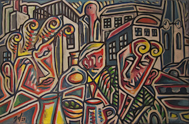 Pintura titulada "Le café en ville" por Christophe Gol, Obra de arte original, Acrílico Montado en Bastidor de camilla de ma…