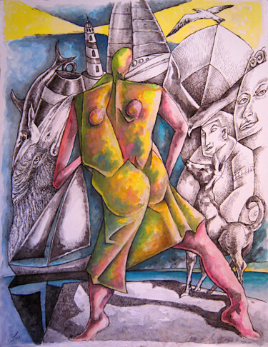 Disegno intitolato "Face à la mer" da Christophe Gol, Opera d'arte originale, Gouache