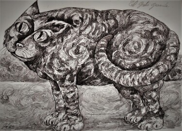 Dessin intitulée "El gato grande" par Christophe Gol, Œuvre d'art originale, Encre