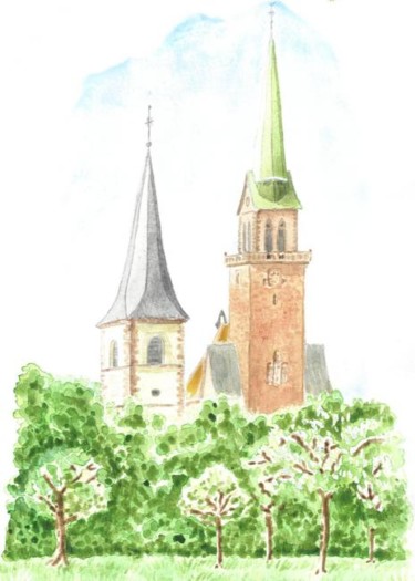 Peinture intitulée "Les 2 églises" par Christophe Muller, Œuvre d'art originale