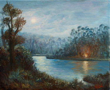 Painting titled "Camp fire by the la…" by Christopher Vidal, Original Artwork, Oil