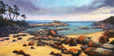 Painting titled "Bay of Fires, Tasma…" by Christopher Vidal, Original Artwork, Oil Mounted on Cardboard