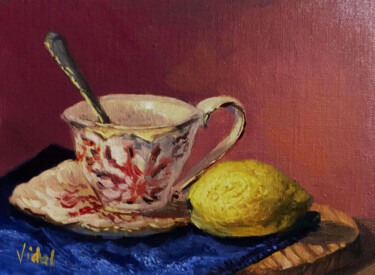 Painting titled "Tea cup and lemon" by Christopher Vidal, Original Artwork, Oil Mounted on Wood Panel