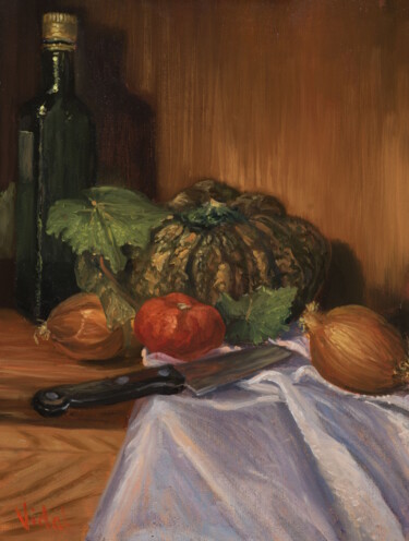 Картина под названием "Pumpkin, tomato, on…" - Christopher Vidal, Подлинное произведение искусства, Масло