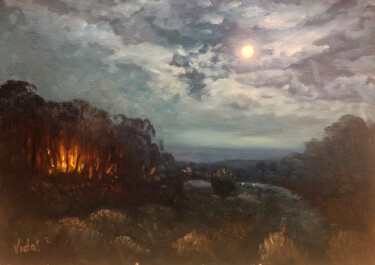 Painting titled "The Fire at Night" by Christopher Vidal, Original Artwork, Oil