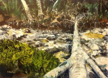 Painting titled "Birch Bridge" by Christopher Walker, Original Artwork, Oil
