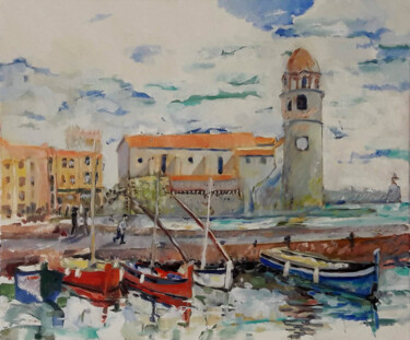Painting titled "Collioure - Église…" by Christopher Walker, Original Artwork, Oil Mounted on Wood Stretcher frame