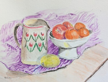 Tekening getiteld "Jug & Fruit" door Christopher Walker, Origineel Kunstwerk, Aquarel