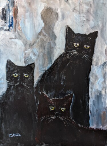 Pintura intitulada "Aloof - Three Cats" por Christopher Walker, Obras de arte originais, Óleo