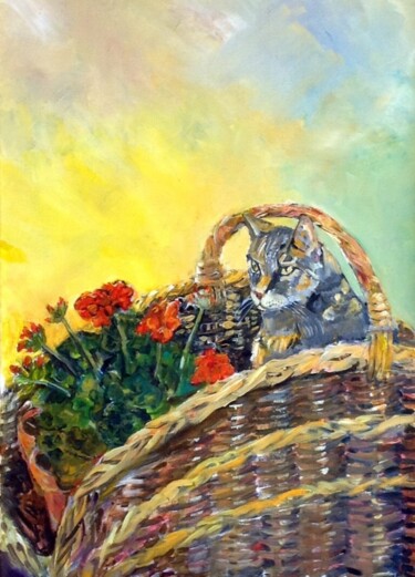 Painting titled "Geranium Cat" by Christopher Walker, Original Artwork, Oil Mounted on Wood Stretcher frame