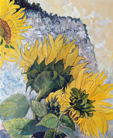 Painting titled "Sunflowers under th…" by Christopher Walker, Original Artwork, Oil Mounted on Wood Stretcher frame