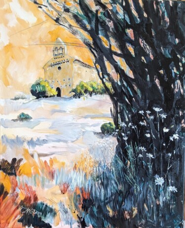Painting titled "Chapel in the Sun" by Christopher Walker, Original Artwork, Oil Mounted on Wood Stretcher frame