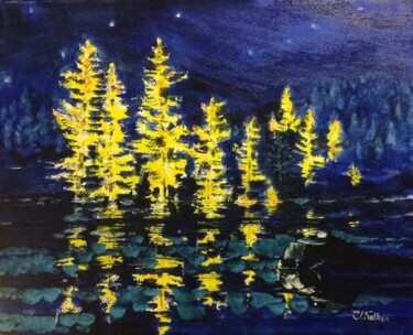 Peinture intitulée "Les Mélèzes au Lac" par Christopher Walker, Œuvre d'art originale, Huile