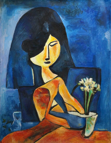 Painting titled "A girl with flowers…" by Christos Baloukos, Original Artwork, Acrylic