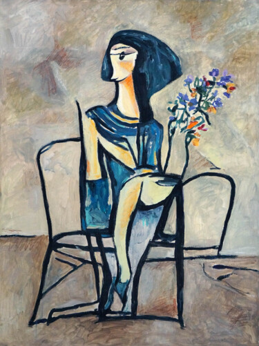 Malerei mit dem Titel "A girl sitting in c…" von Christos Baloukos, Original-Kunstwerk, Acryl