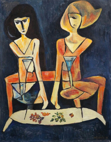 Peinture intitulée "Two girls drink wine" par Christos Baloukos, Œuvre d'art originale, Acrylique