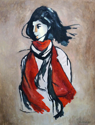 Painting titled "A girl with red sca…" by Christos Baloukos, Original Artwork, Acrylic Mounted on Wood Stretcher frame