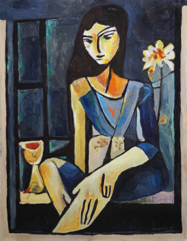 Malerei mit dem Titel "A girl sitting on b…" von Christos Baloukos, Original-Kunstwerk, Acryl