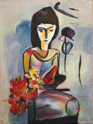Картина под названием "a girl with flowers" - Christos Baloukos, Подлинное произведение искусства, Акрил