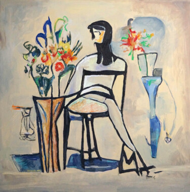 Painting titled "A girl sitting on c…" by Christos Baloukos, Original Artwork, Acrylic