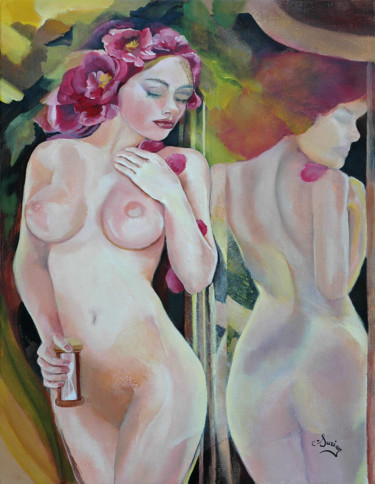Painting titled "Le sablier" by Christiane Surian, Original Artwork, Oil Mounted on Wood Stretcher frame