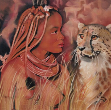 Painting titled "Himba" by Christiane Surian, Original Artwork, Oil Mounted on Wood Stretcher frame