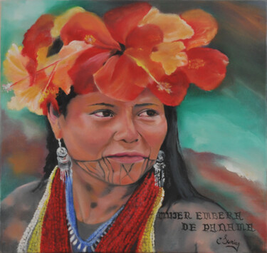 Painting titled "La femme Embera" by Christiane Surian, Original Artwork, Oil Mounted on Wood Stretcher frame