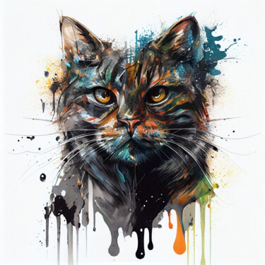 Цифровое искусство под названием "Watercolor Cat #1" - Chromatic Fusion Studio, Подлинное произведение искусства, Масло