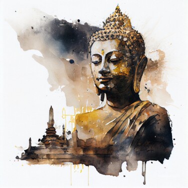 Artes digitais intitulada "Watercolor Buddha #1" por Chromatic Fusion Studio, Obras de arte originais, Aquarela