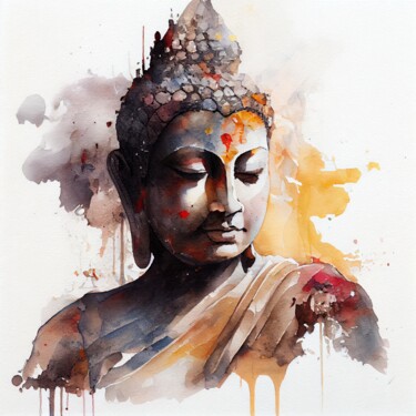 Artes digitais intitulada "Watercolor Buddha #3" por Chromatic Fusion Studio, Obras de arte originais, Aquarela