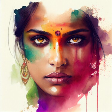 Цифровое искусство под названием "Watercolor Hindu Wo…" - Chromatic Fusion Studio, Подлинное произведение искусства, Акварель