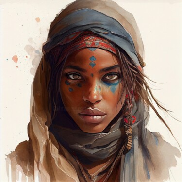 Arte digital titulada "Watercolor Tuareg W…" por Chromatic Fusion Studio, Obra de arte original, Acuarela