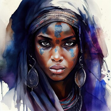 Arte digital titulada "Watercolor Tuareg W…" por Chromatic Fusion Studio, Obra de arte original, Acuarela