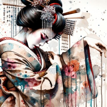 Arts numériques intitulée "Watercolor Geisha D…" par Chromatic Fusion Studio, Œuvre d'art originale, Aquarelle