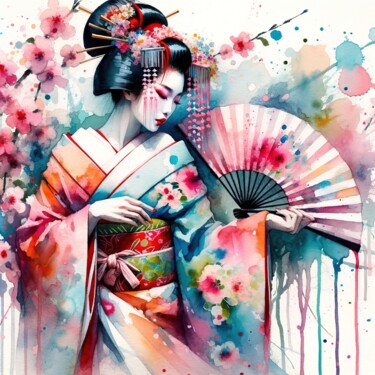 Цифровое искусство под названием "Watercolor Geisha D…" - Chromatic Fusion Studio, Подлинное произведение искусства, Акварель