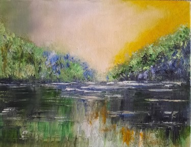 Painting titled ""Mystery waters"" by Chryss Art Studio, Original Artwork, Acrylic Mounted on Cardboard